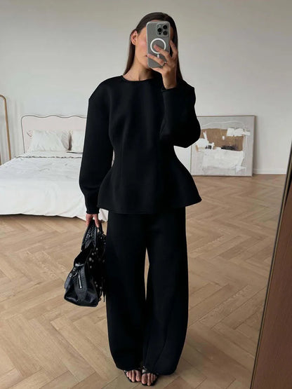 BJTZ Spring Autumn Women Solid Crew Neck Long Sleeve Top Wide Leg