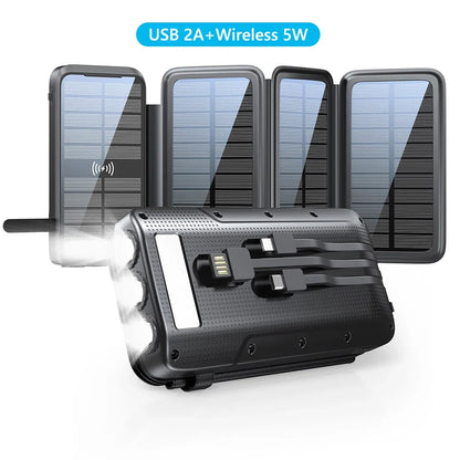 43800mAh Solar Power Bank Quick Wireless Charger External Battery Pack PD 20W Powerbank Built Cables LED Light for iPhone Xiaomi