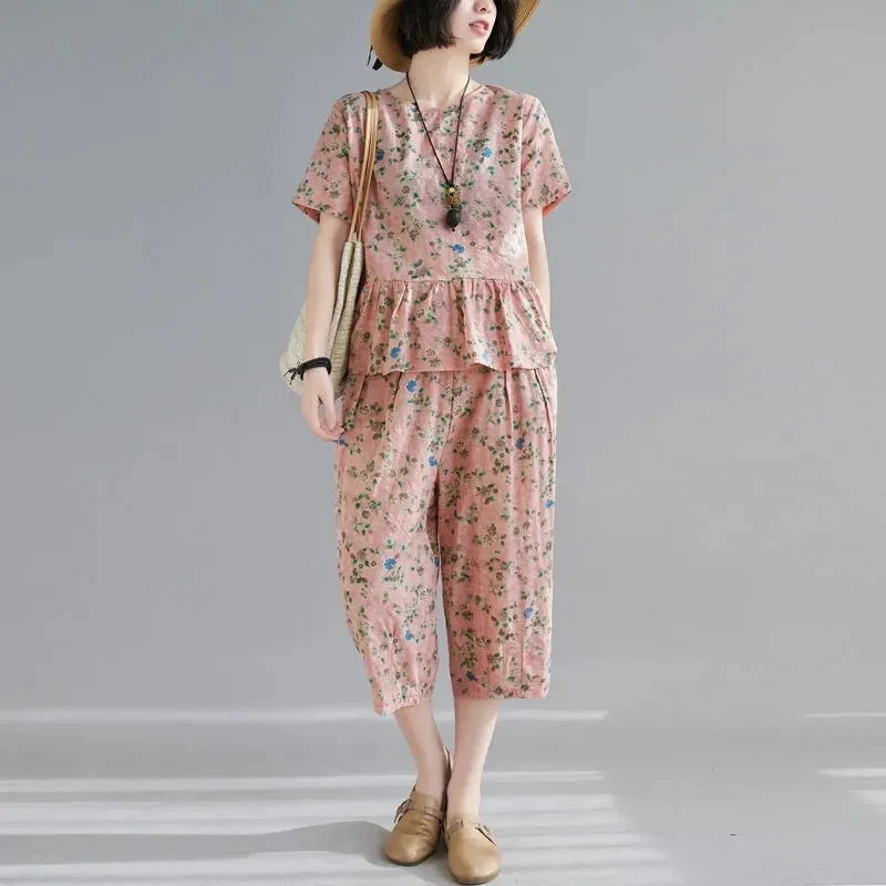 5XL Middle Aged Female Pants Suit Cotton Two Piece Set Women Summer