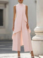 Sleeveless High Neck Jumpsuit With Asymmetric Draped Overlay Wide Leg Culottes Elegant Formal Evening Wear For Women