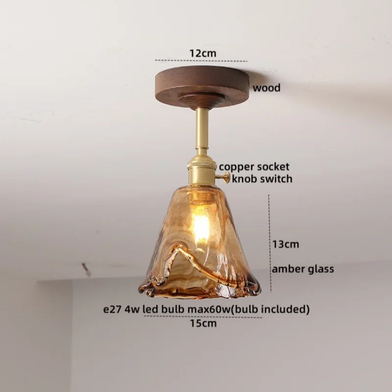 DecorBites™ Green Glass LED Ceiling Lights: Modern Copper Wood Indoor Lamp