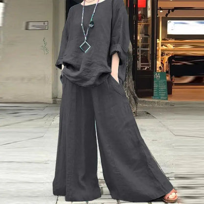 Casual Cotton Linen Set Women's O Neck Long Sleeve Blouses Wide Leg