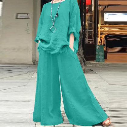 Casual Cotton Linen Set Women's O Neck Long Sleeve Blouses Wide Leg