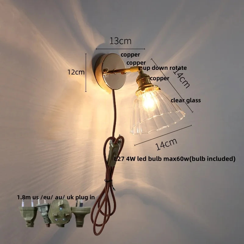 DecorBites™ Glass Rotate Copper Wall Sconce | Pull Chain Switch LED Light Fixture