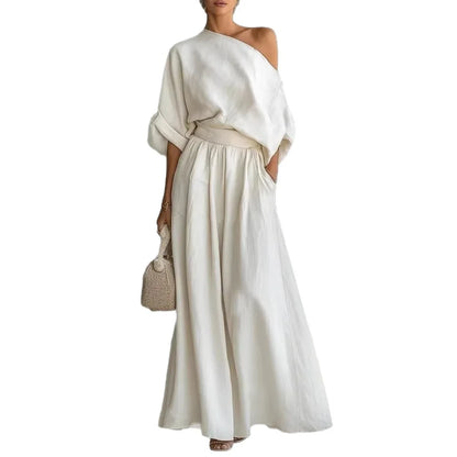 Elegant Two-Piece Short Sleeve Top & Casual Pants Set Woman Sexy Slash