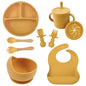 Food Grade Silicone Child Dish Set Baby Feeding Bowl Suction Plate Straw Cup Wooden Spoon Fork for Kids Tableware Toddler Dishes