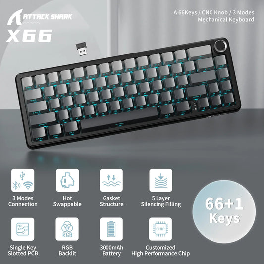ATTACK SHARK X66 65% Wireless Mechanical Keyboard with Knob, 66 Keys Tri Mode Gasket Hot Swap RGB Gaming Keyboard 60 Percent,PBT