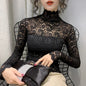 Blouse Women Transparent Lace T Shirt Stretch Turtleneck Petal Sleeve