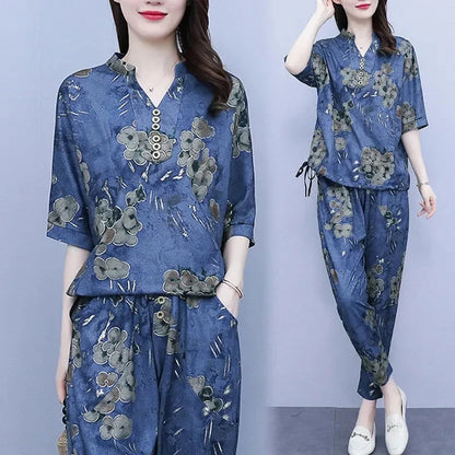 New Korean Sets Women Summer Loose Short Sleeves Printing Tops
