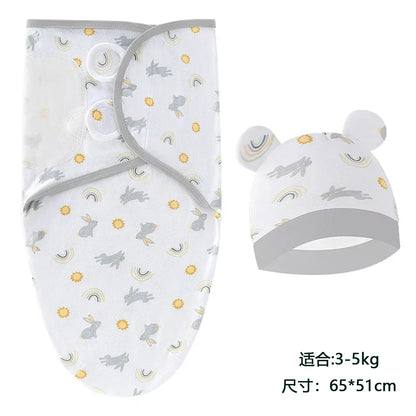 Baby Blanket Hat Set Cartoon Printed Cotton Newborn Swaddle Adjustable