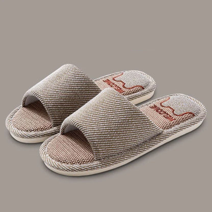 Women Linen Slippers Four Seasons Women Indoor Sandals Adults Cartoon Slides Couples Open toed Breathable Home Shoes