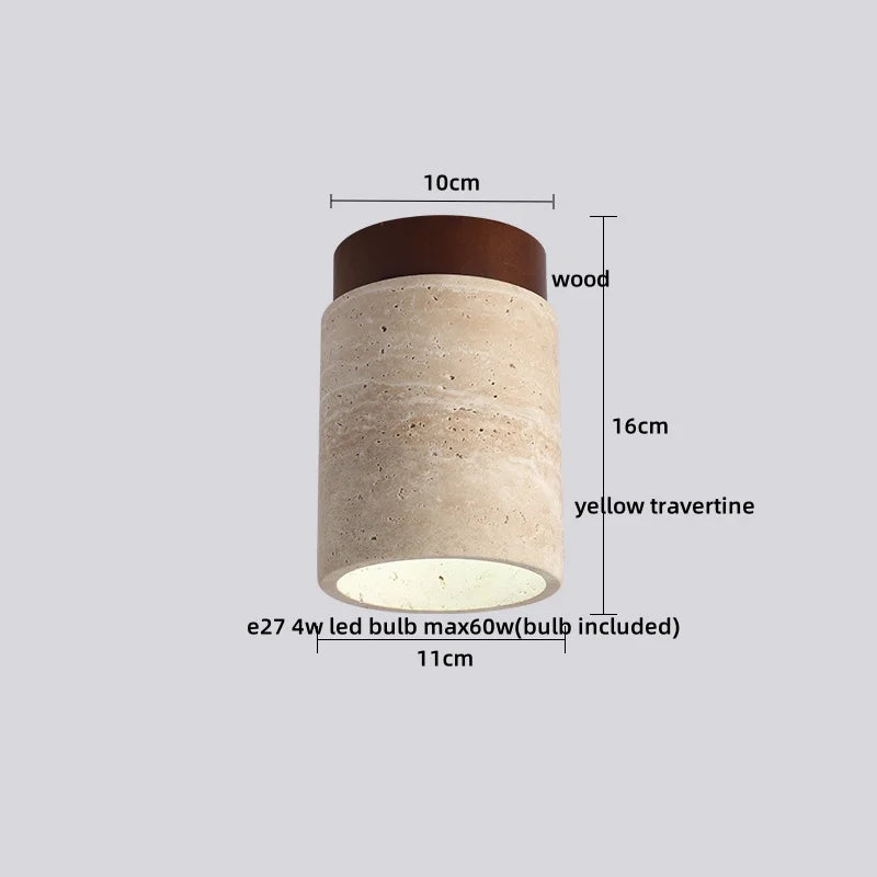 DecorBites™ Japan Style LED Ceiling Light Yellow Travertine Stone Wood Base Bedroom Luminaire