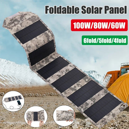 100W/80W/60W Foldable Solar Panel 5V USB Portable Folding Bag for Cell Phone Outdoor Waterproof Power Bank for Camping Hiking