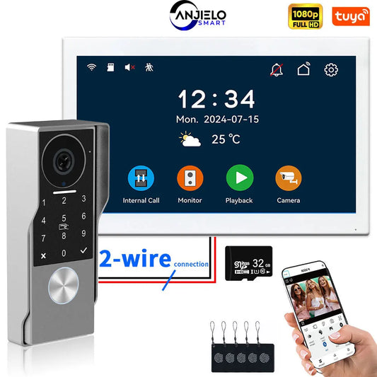 ANJIELO 2-Wire Video Door Phone with TUYA App IC Card PIN Unlock 24 IP Camera Support Smart Video Intercom System for Home 1080P