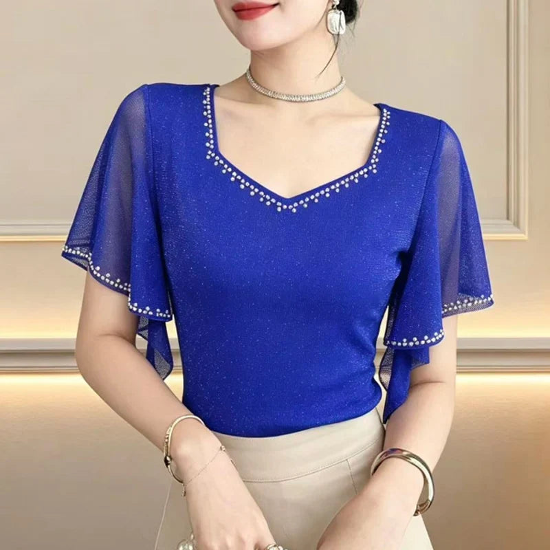 Summer New Diamond Shirt Short Sleeved Mesh Tops Slim Korean Fashion