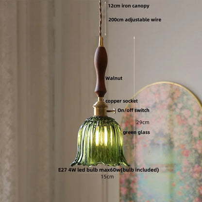 DecorBites™ Green Glass LED Pendant Lamp | Modern Nordic Wood Walnut | Brass Knob Switch | Hanging Light