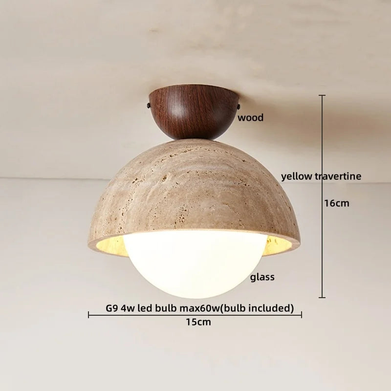 DecorBites™ Japan Style LED Ceiling Light Yellow Travertine Stone Wood Base Bedroom Luminaire.