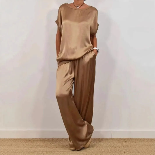 2-Piece Set Fashion Satin O Neck T-Shirt Top Trousers Summer Retro