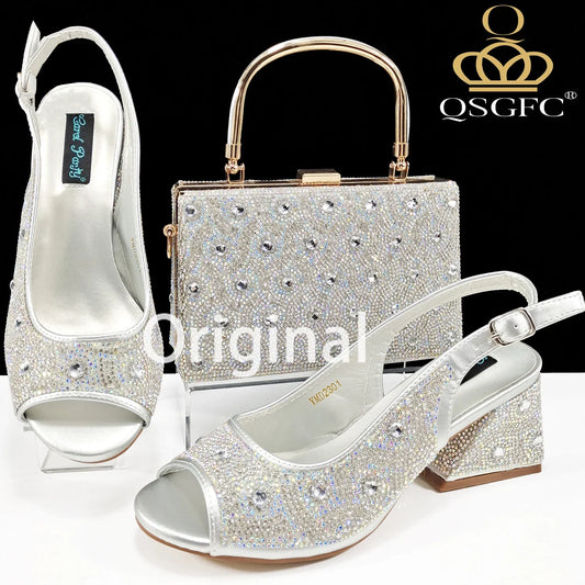 Newest Elegant Noble Silver Color Party Wedding Peep Toe High Heel Lady Shoes and Bag Set Decorated With Colorful Rhinestone