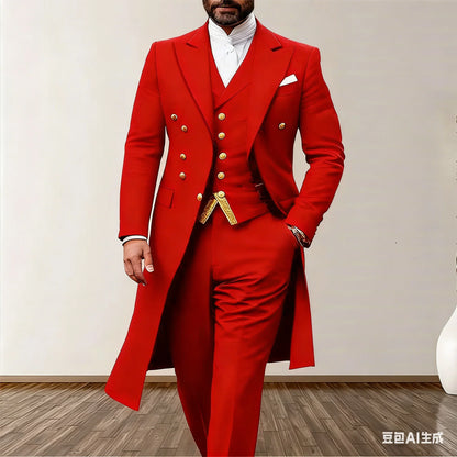 Blue Men Wedding Suits 3 Piece Long Blazer Vest Pants Satin One Button