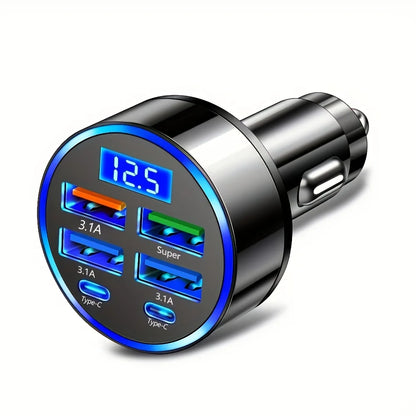 6-In-1 Fast Charging Car Adapter 3.1a Dual Type-C Digital Display