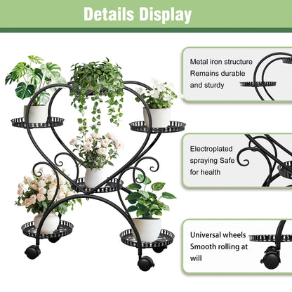 Black Metal Rolling Plant Stand Heart-Shaped Garden Display Rack with Wheels for Home And Garden Decor