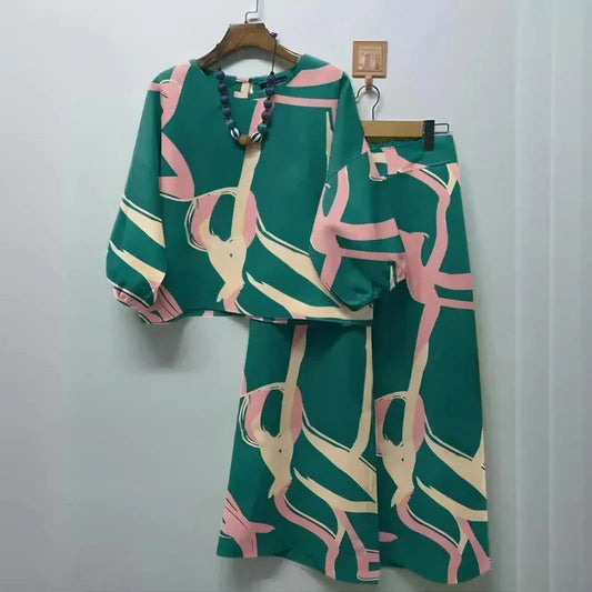 Print Suit Women Two Piece Pant Sets Long Sleeve Round Neck Tops Shirt Wide Leg Pants Loose Elegant Lady Bohemian Suits