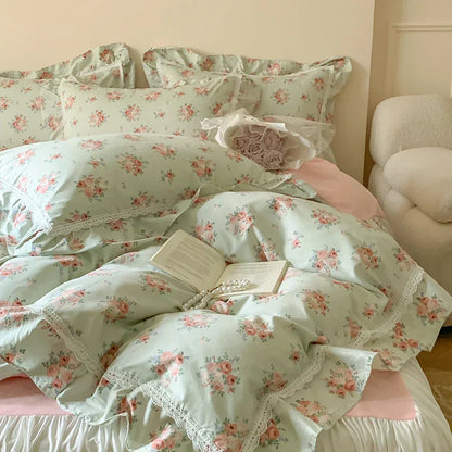 DecorBites™ Lace Ruffles Floral Velvet Patchwork Duvet Cover Bedding Set