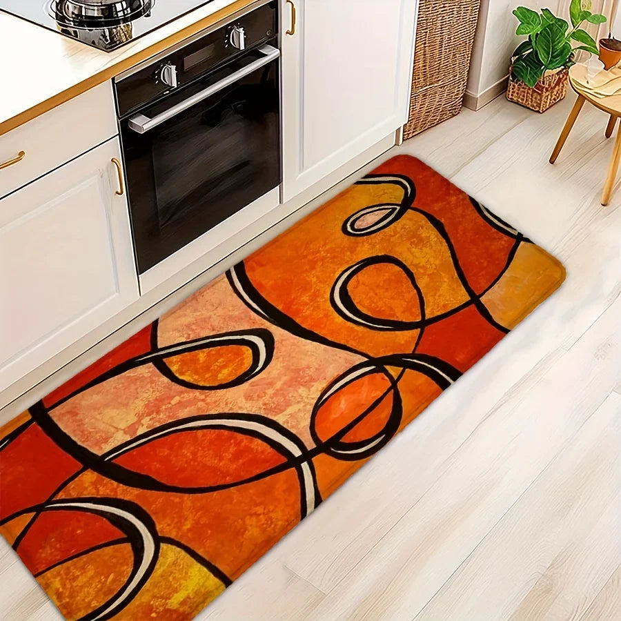Abstract Orange Geometric Bath Mat, Black Line Print Non-Slip Rug