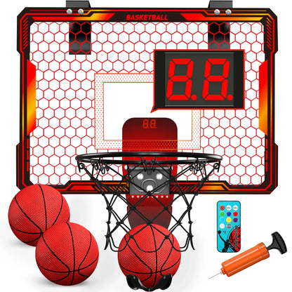 Mini Indoor Basketball Hoop with 7 LED Lights Scoreboard 3 Play Modes Adjustable Volume over Door Foldable for Kids Adults