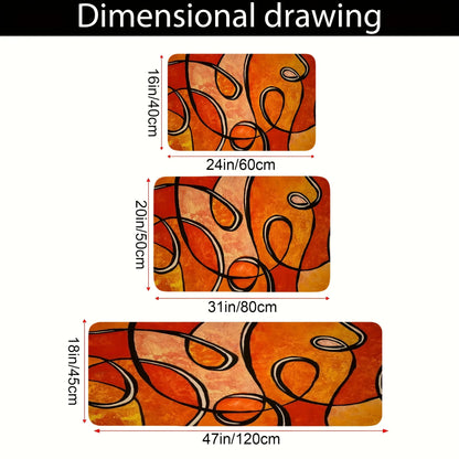 Abstract Orange Geometric Bath Mat, Black Line Print Non-Slip Rug