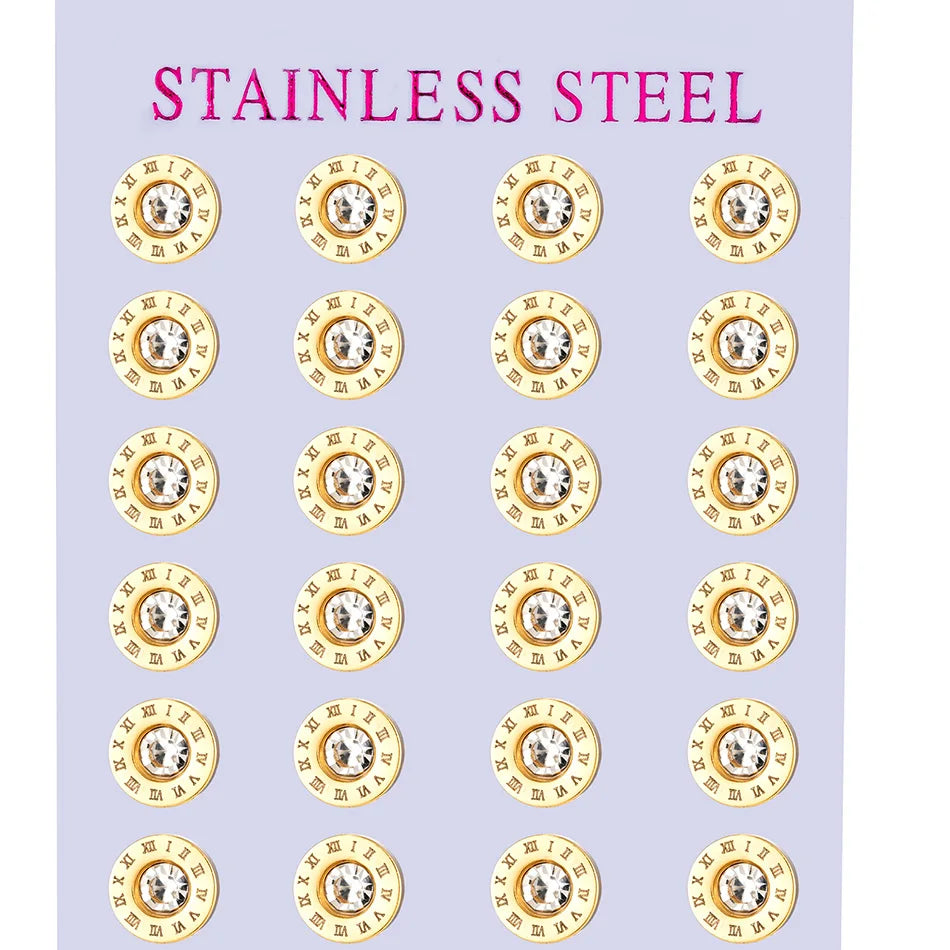 12 Pairs Pack Stainless Steel Round Shape Cubic Zircon Roman Numeral