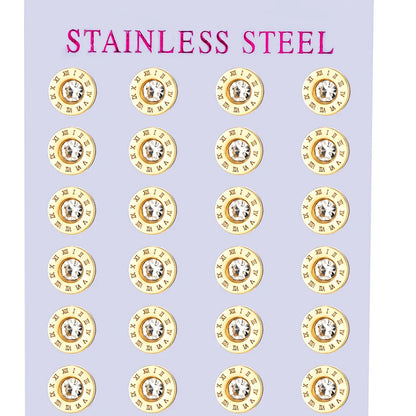 12 Pairs Pack Stainless Steel Round Shape Cubic Zircon Roman Numeral