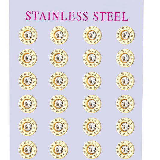 12 Pairs Pack Stainless Steel Round Shape Cubic Zircon Roman Numeral