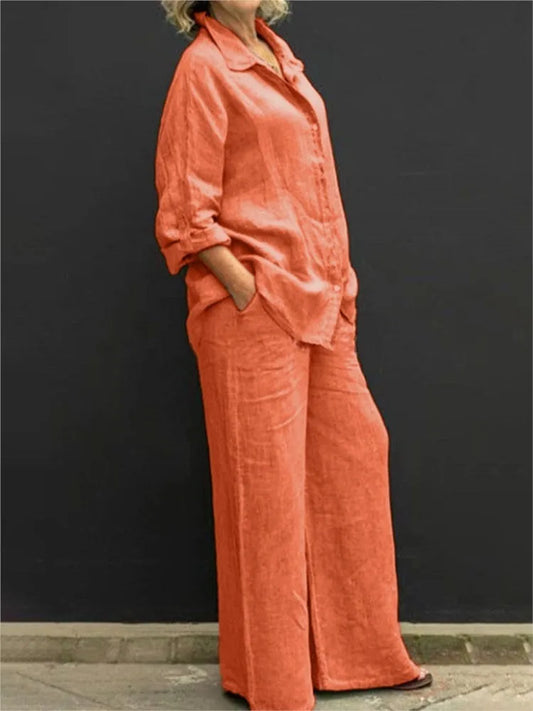 Solid Color Linen Two Piece Sets Women Outfits Spring Autumn Simple Long Sleeve Shirt Loose Trousets Set Office Casual Suit