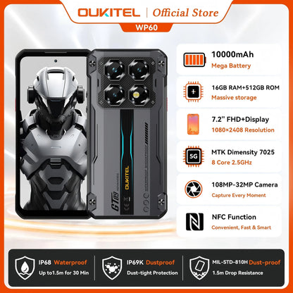 OUKITEL WP60 5G NFC Smartphone 10000mAh 48GB(16+32) +512GB, MTK 7025 Android 15 Rugged Phone, 108MP Camera, 120Hz