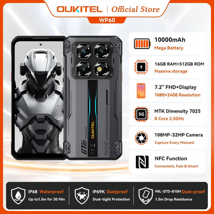 OUKITEL WP60 5G NFC Smartphone 10000mAh 48GB(16+32) +512GB, MTK 7025 Android 15 Rugged Phone, 108MP Camera, 120Hz
