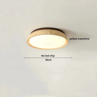 DecorBites™ Japan Style LED Ceiling Light Yellow Travertine Stone Wood Base Bedroom Luminaire