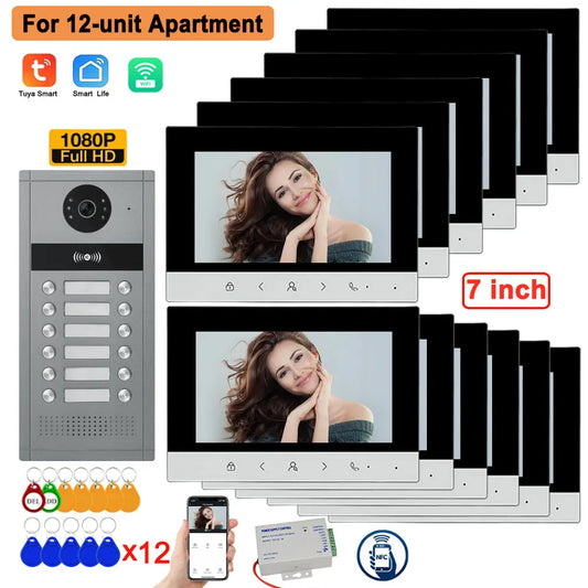 4 Wire 7 inch LCD WiFi Tuya Video Doorphone HD Camera Doorbell Intercom RFIC NFC APP Unlock System 4/6/8/10/12 Unit Apartments