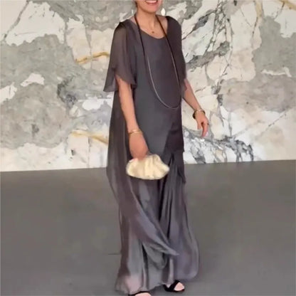 Women Summer Chiffon Pant Sets Short Sleeve Solid Irregular Splicing Long Blouse Wide-leg Pants Casual Loose Trousers Suits Robe