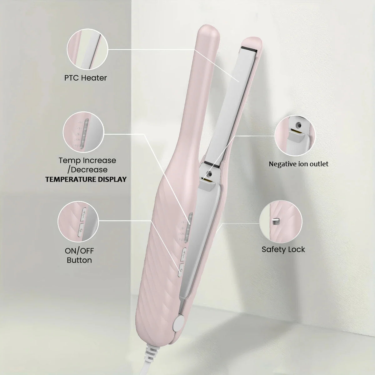 2-In-1 Mini Hair Straightener Curler, 5 Heat Level Control, Ceramic