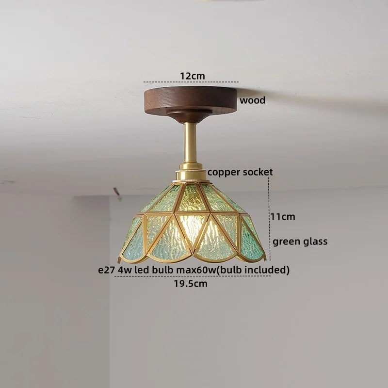 DecorBites™ Green Glass LED Ceiling Lights: Modern Copper Wood Indoor Lamp