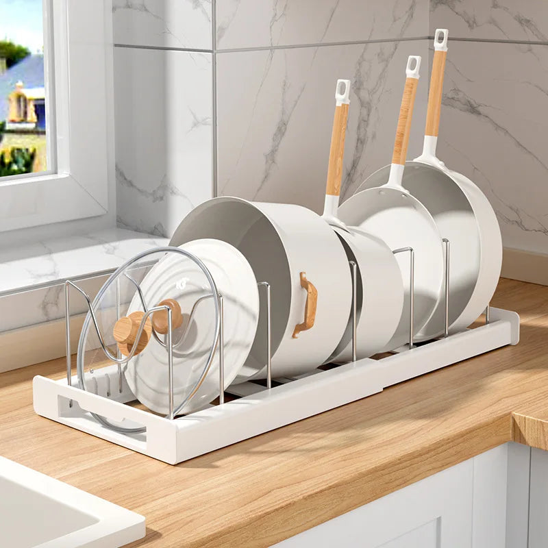 DecorBites™ Kitchen Organizer: Expandable Storage Rack for Cabinets with Drawer and Cutting Board Slot