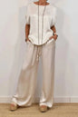 Women's Satin Pants 2 Piece Set Summer Breathe Loose Short Sleeve Top Wide Leg Pants Casual Outfit Office Lady Elagant Set