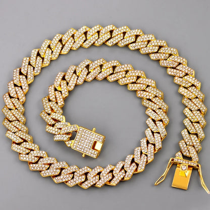 14mm Iced Out Prong Cuban Link Chain Necklace for 2 Row Rhinestone