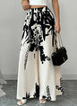 Women Black Ink Floral Print Wide Leg Pants Elastic High Waist Silky Satin Palazzo Trousers Summer Vacation Casual Loose Long Pants Beach Bottoms Vestidos