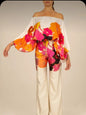 Women's Printed Satin 2-piece Set, Off Shoulder Lantern Sleeve Top, Wide Leg Pants, Elegant Office Shirt Traf Official Store