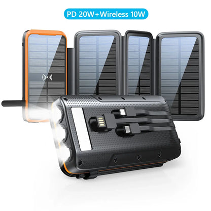 43800mAh Solar Power Bank Quick Wireless Charger External Battery Pack PD 20W Powerbank Built Cables LED Light for iPhone Xiaomi