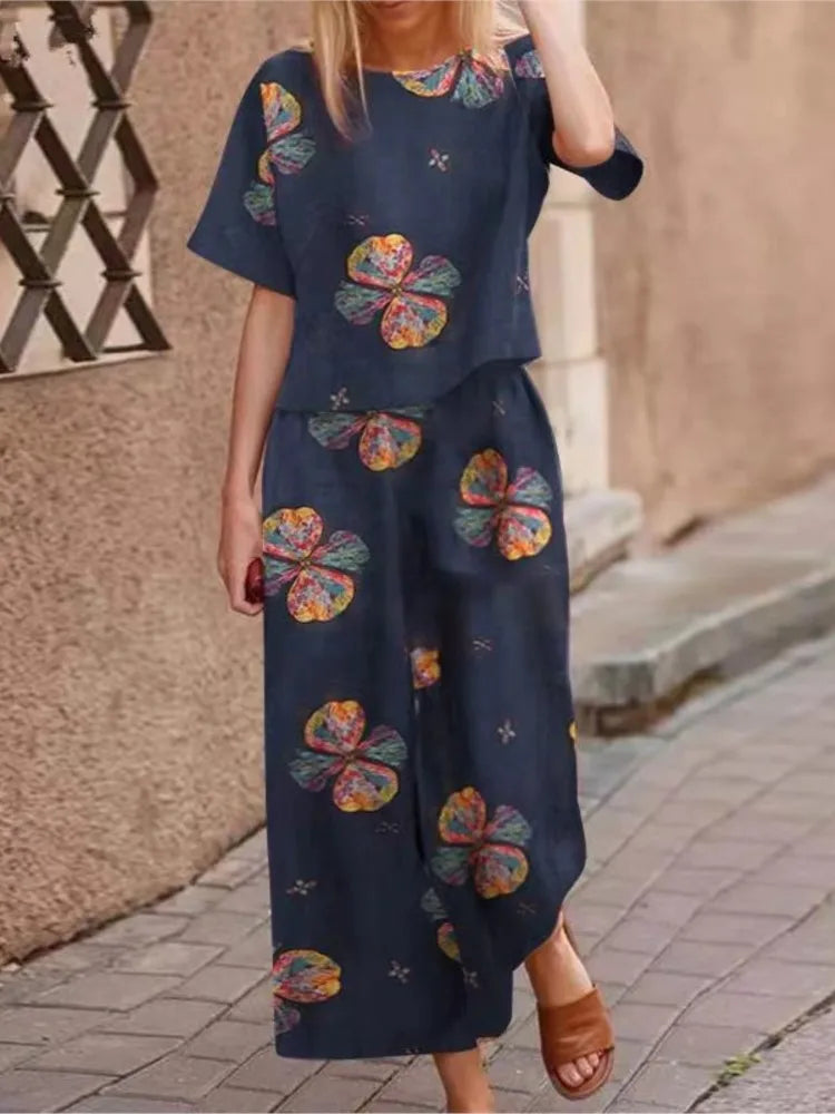 Autumn New Women's Fashion Printed Cotton Linen Plant Flower Three
