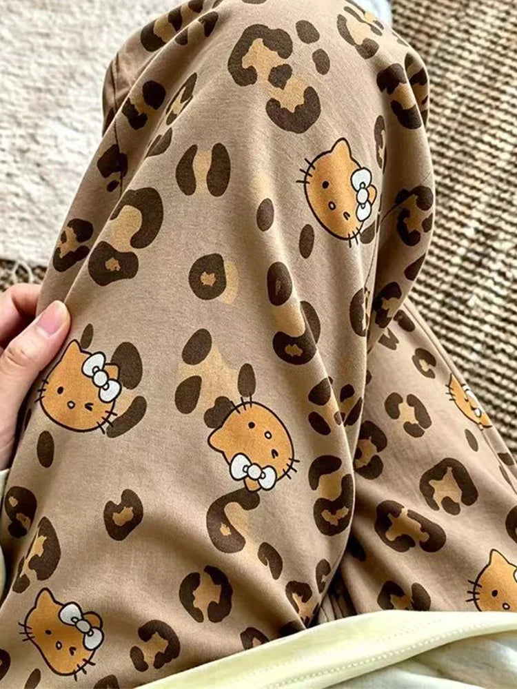 Cartoon Hello Kitty Spring Summer Leopard Print Wide Leg Pajama Pants